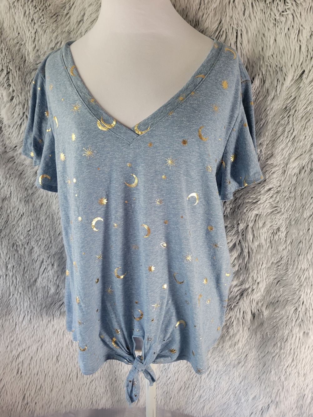 Blue V-Neck Tie-Front Tee with Gold Moon & Star Print